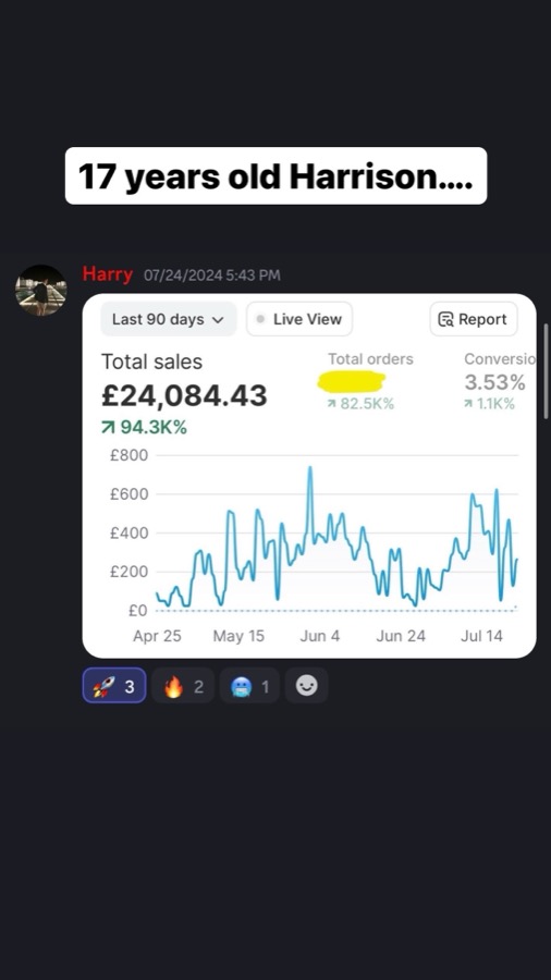 Student dashboard showing £24,084 in sales over 90 days